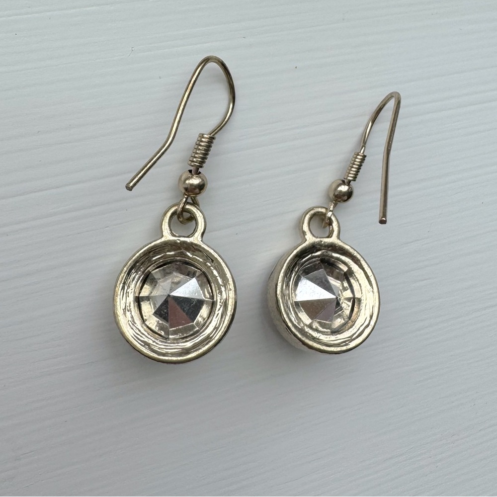 Gold Statement Earrings EUC Circle Crystal Drop Dangle Silver Gray Gemstone - Picture 7 of 7
